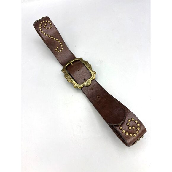 Fossil Womens Western Belt M Brown Studded Brass Tone Ornate Scalloped Buckle - Picture 1 of 8